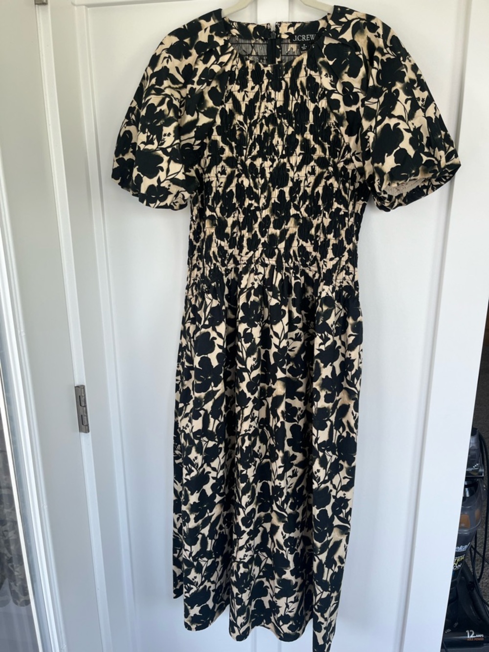 J. Crew Black and Cream Floral Smocked Midi Dress - Picture 3 of 8